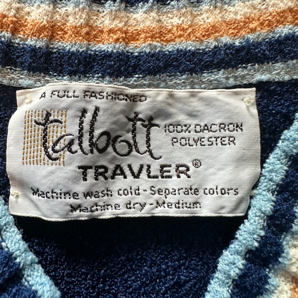 Vintage 1970s Talbott Travler Blue Textured Knit Cardigan Varsity Trim M Dacron - Picture 5 of 15